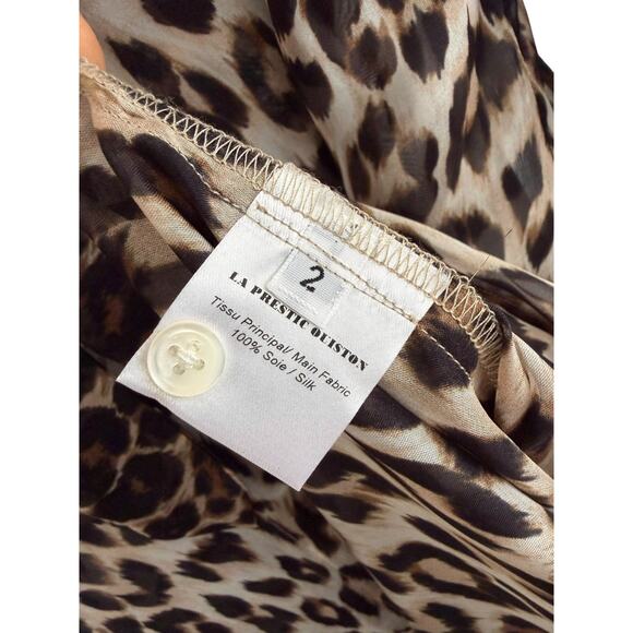 La Prestic Ouiston Dress Silk Leopard Print Tie Neck Pleated Long Sleeve Size 2 - Picture 7 of 13